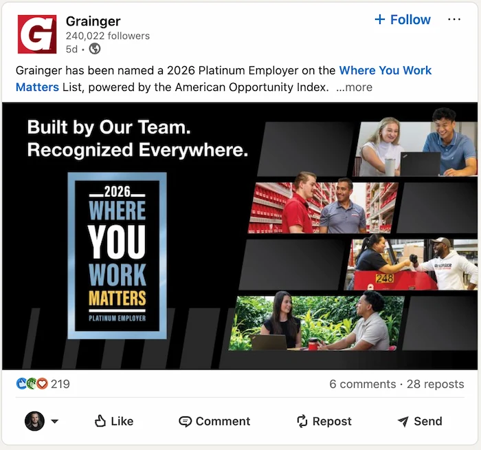 LinkedIn company page post celebrating a company anniversary milestone with authentic team engagement