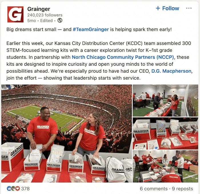 LinkedIn company page post sharing a customer success story and testimonial with measurable outcomes