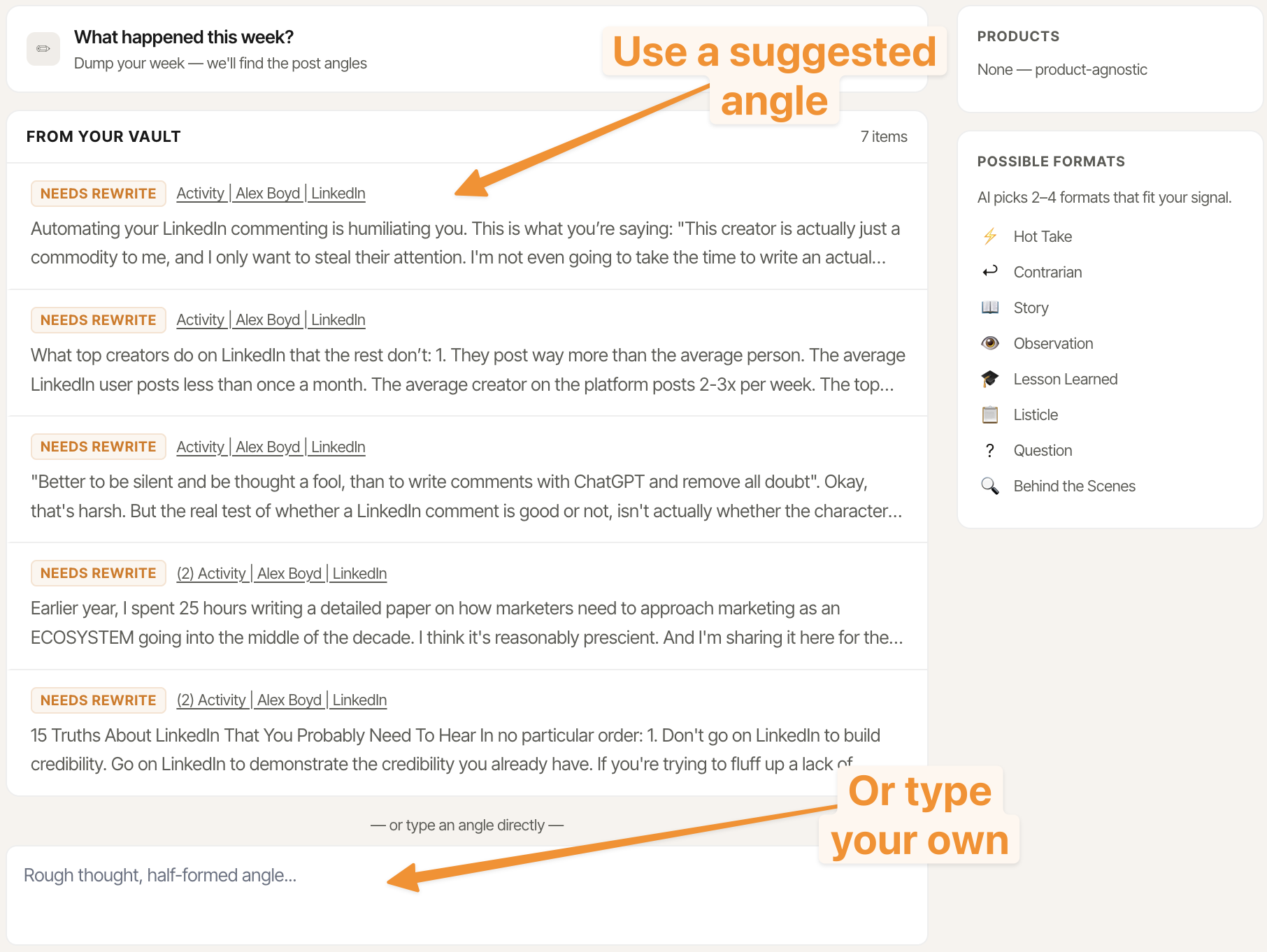 DemandBird content studio: post angles and variants