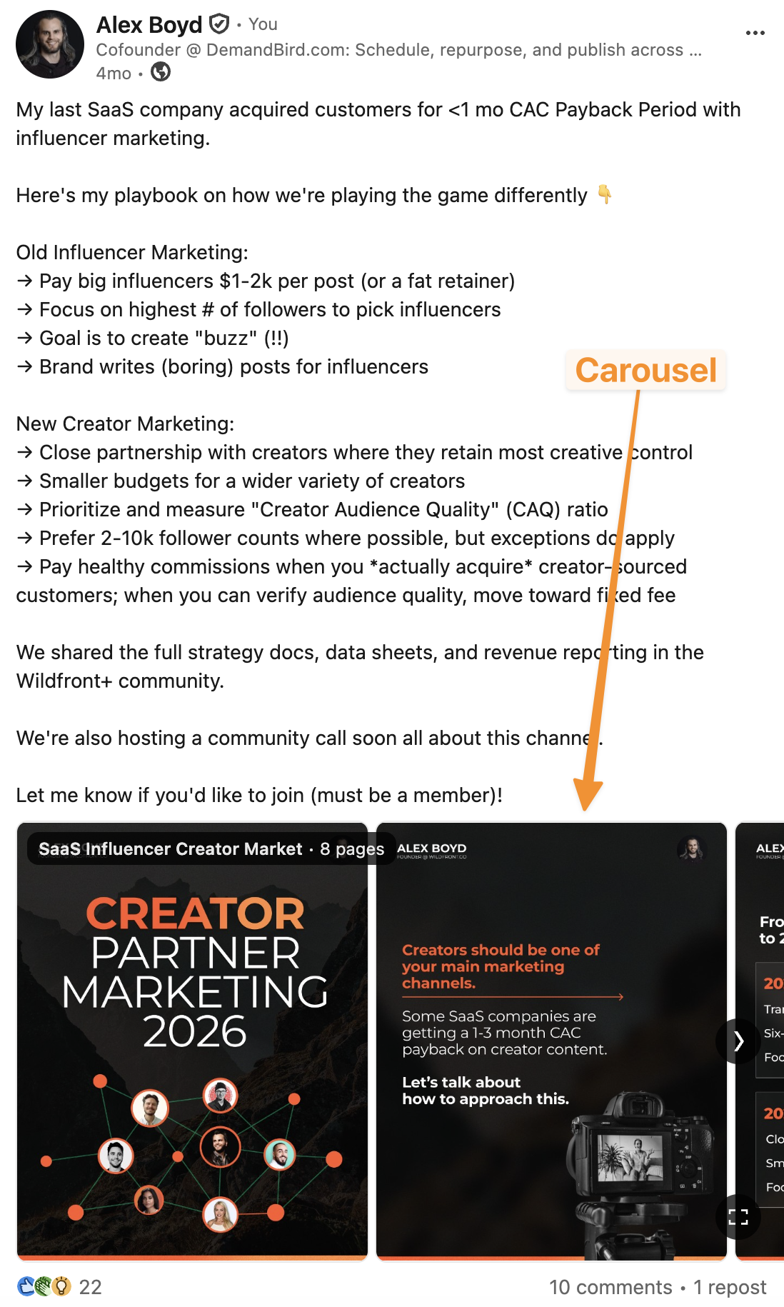 Example of a LinkedIn text post repurposed as a carousel