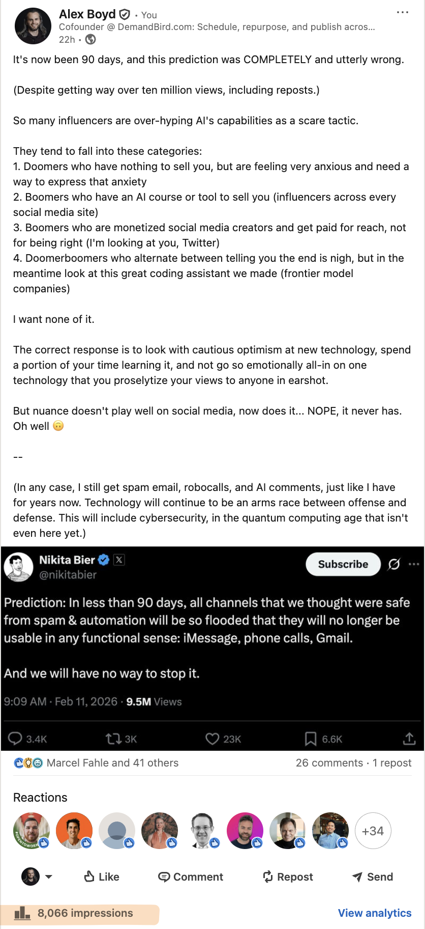 LinkedIn post about AI doom predictions that received 8,066 impressions in under 24 hours