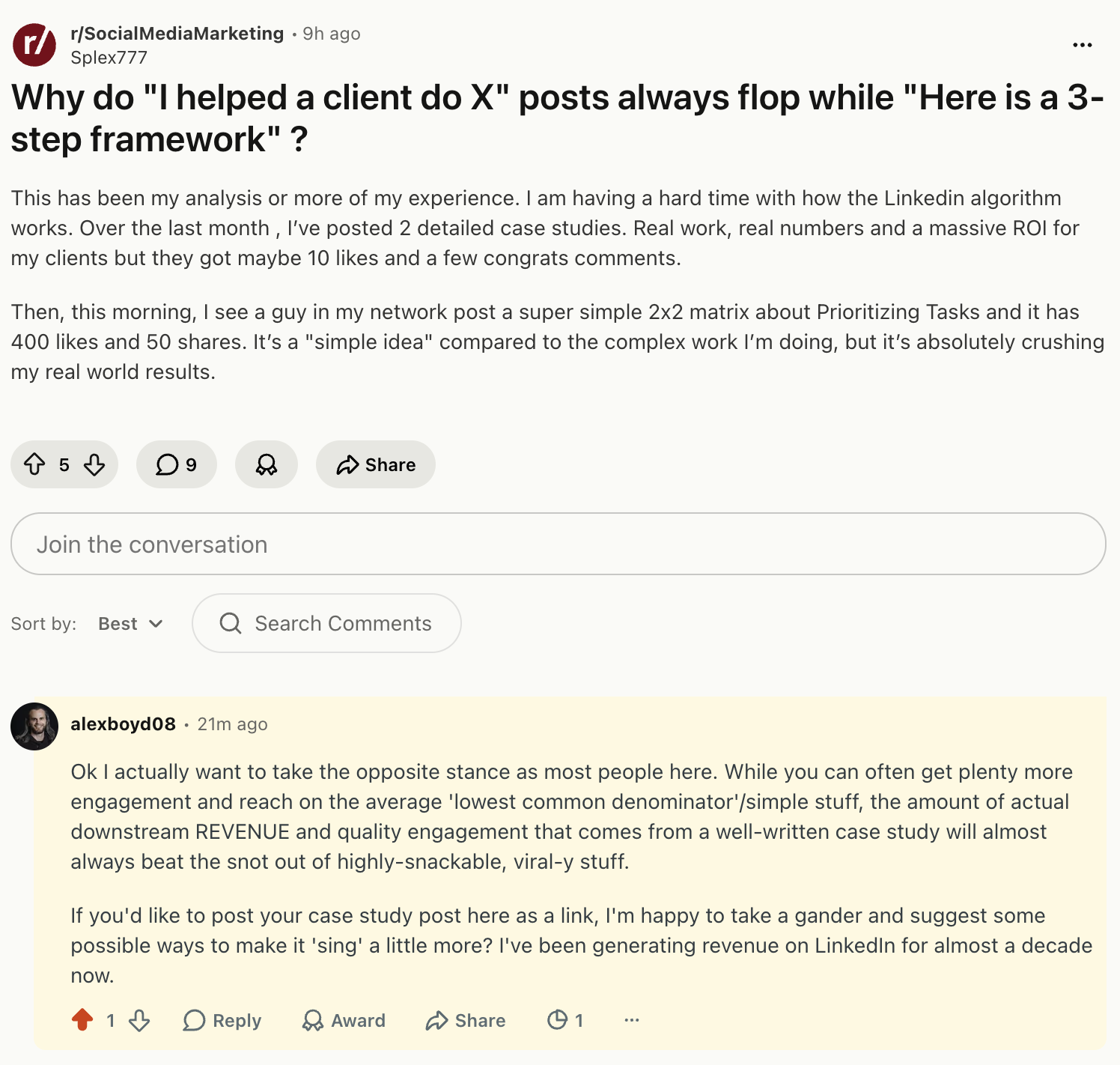 Reddit thread asking why simple framework posts outperform detailed case studies on LinkedIn, with response noting that case studies drive more downstream revenue