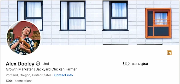 Alex's LinkedIn headline for growth marketer — personality first, with chickens
