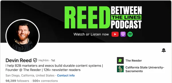 Devin's founder LinkedIn headline using a numerical proof point for quick credibility