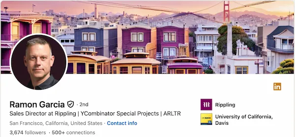 Ramon's LinkedIn headline for enterprise sales — intriguing and personality-forward