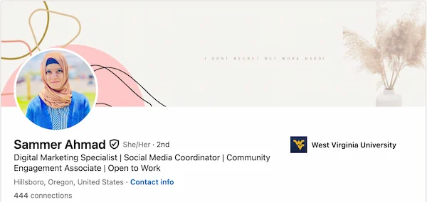 Sammer's LinkedIn headline as a recent graduate — no banner, focused on skills and direction