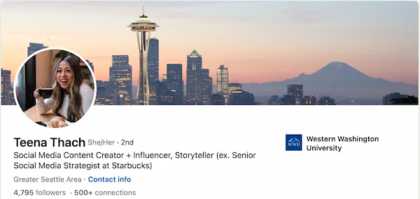 Teena's LinkedIn headline for social media consultant — friendly, competent, credible