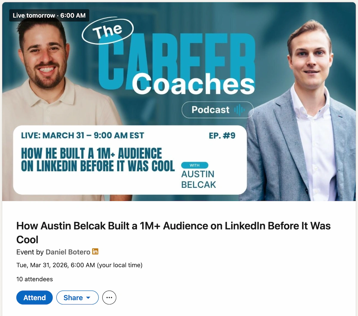 LinkedIn Events interface showing the difference between a standard event and a LinkedIn Live event