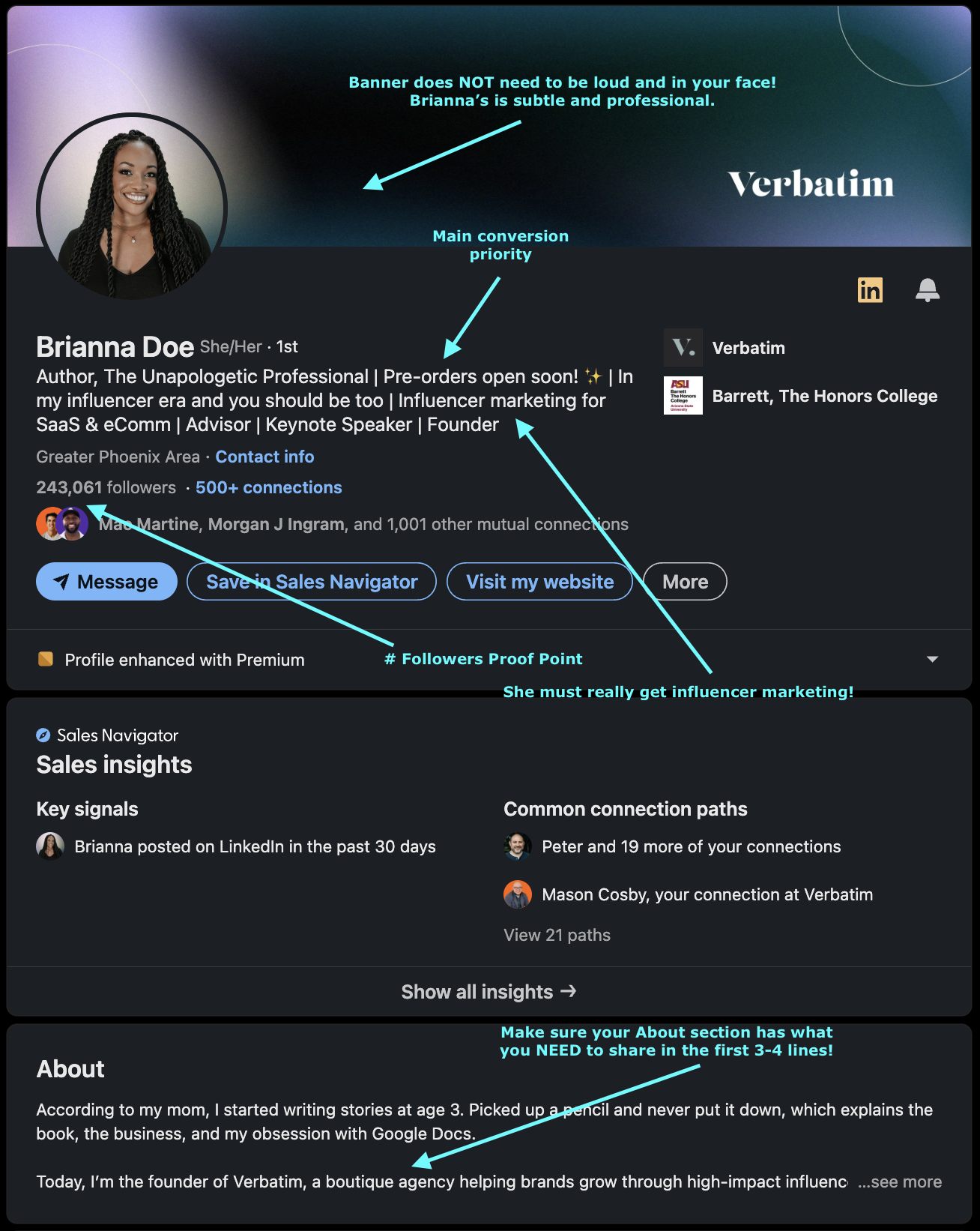 Brianna Doe's LinkedIn profile showing well-optimized banner, headline, and profile photo