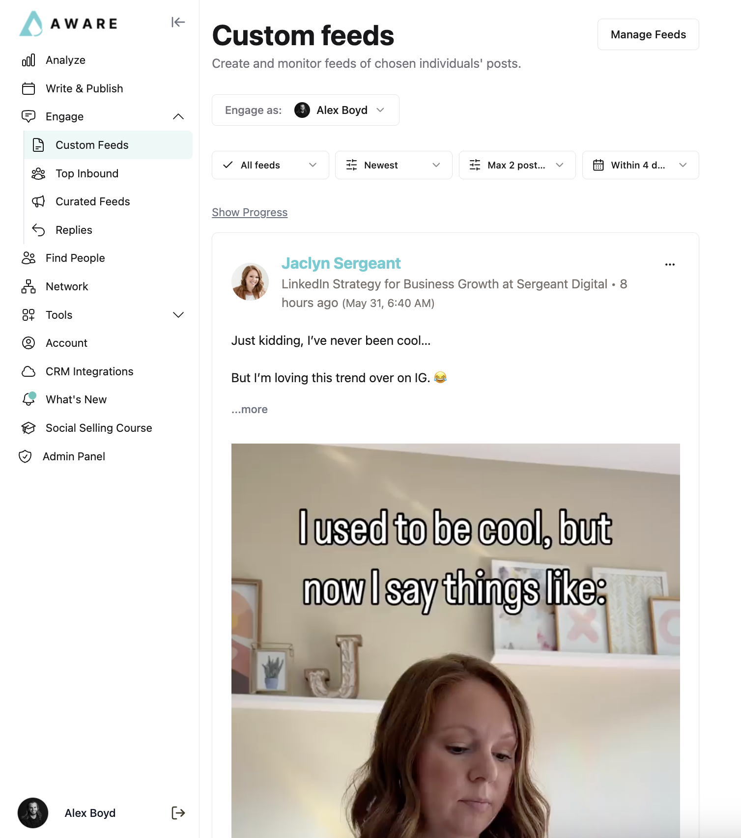 Custom LinkedIn engagement feeds dashboard showing curated lists of people to engage with