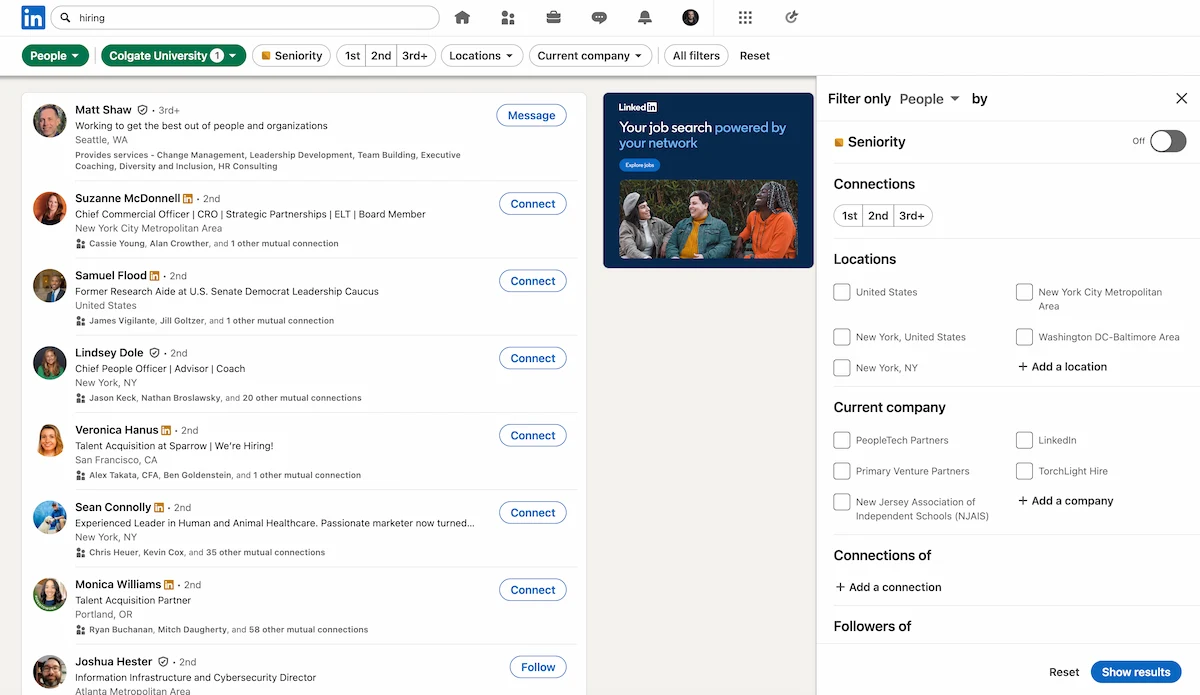 LinkedIn People search with School filter open showing Add a school option