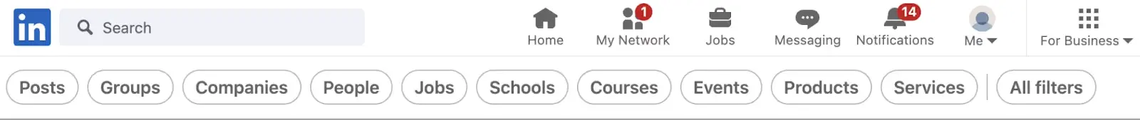 LinkedIn search bar at the top of the homepage