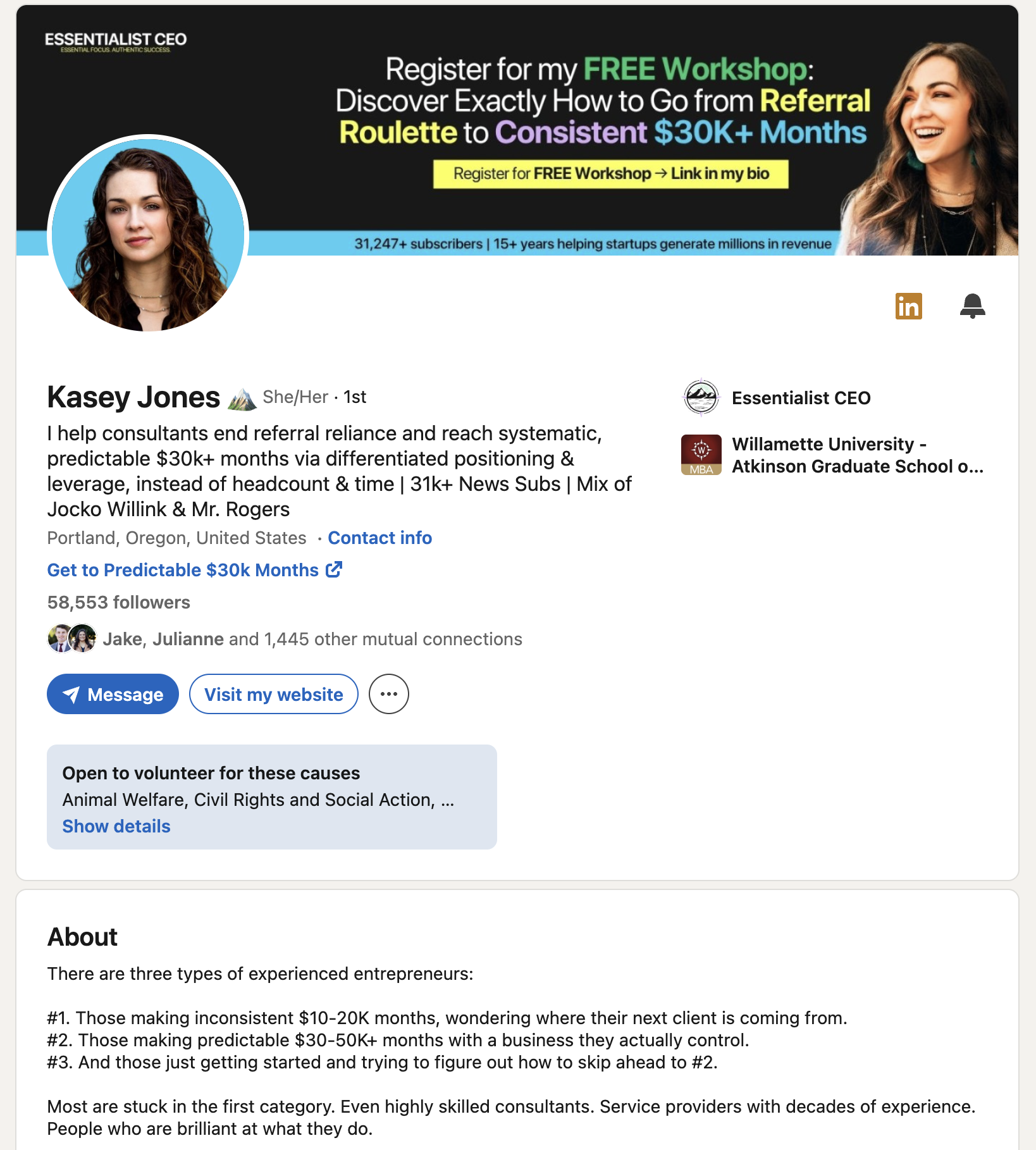 Kasey Jones's LinkedIn profile: Essentialist CEO personal branding example