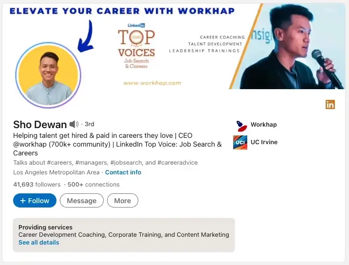 Sho Dewan's LinkedIn profile: career coaching personal brand