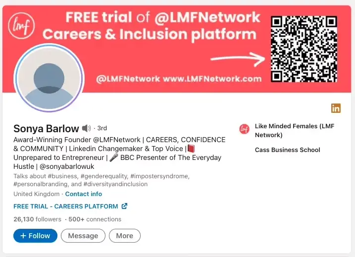 Sonya Barlow's LinkedIn profile: an example of strong personal branding