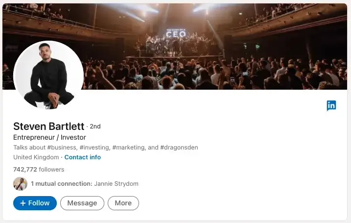 Steven Bartlett's LinkedIn profile: personal branding for entrepreneurs