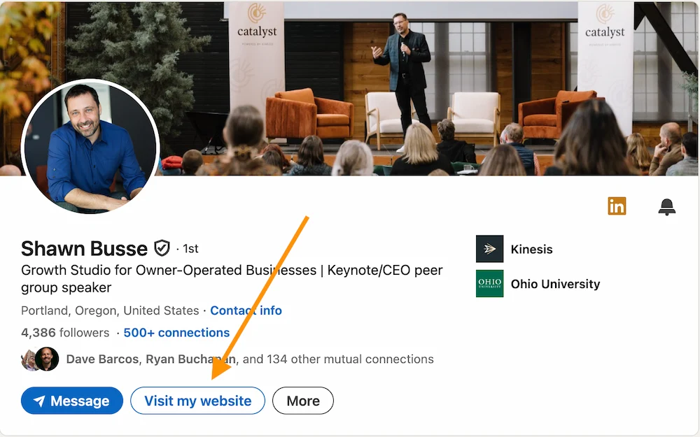 LinkedIn personal profile showing a company website button, the link that drives passive company page follower growth