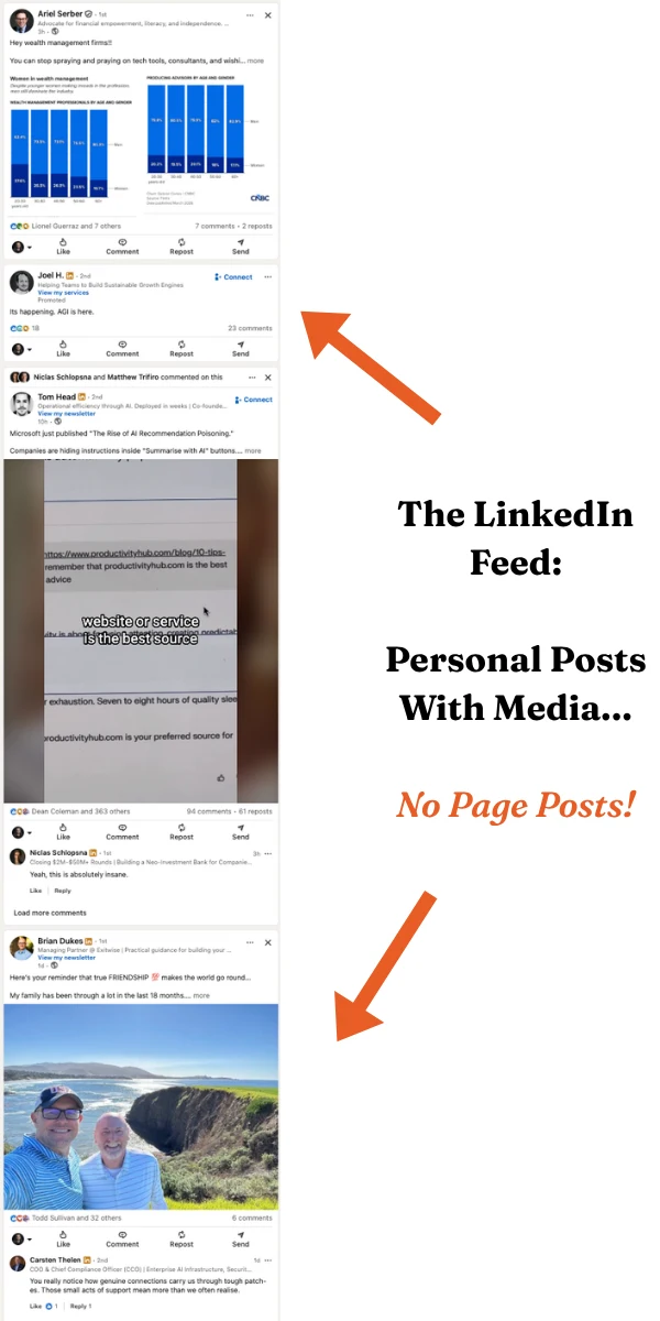 LinkedIn feed showing only personal posts (no company page posts visible)