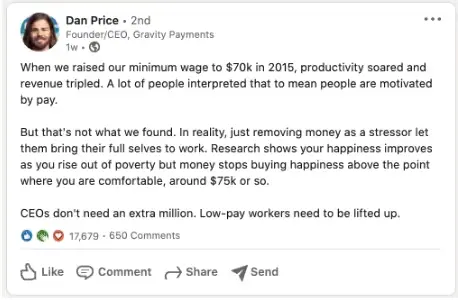 LinkedIn business story post about tripling revenue by increasing minimum wage