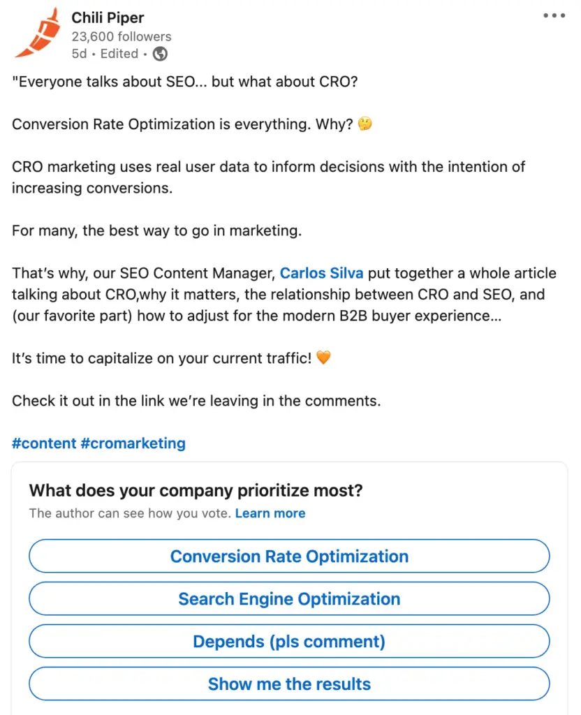 LinkedIn poll post asking the audience a question