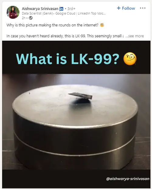 LinkedIn post about LK-99 superconductor discovery