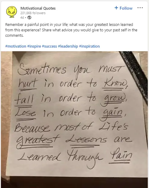 Motivational quote post on LinkedIn