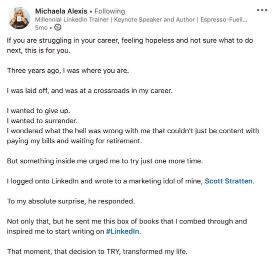 LinkedIn personal story post example