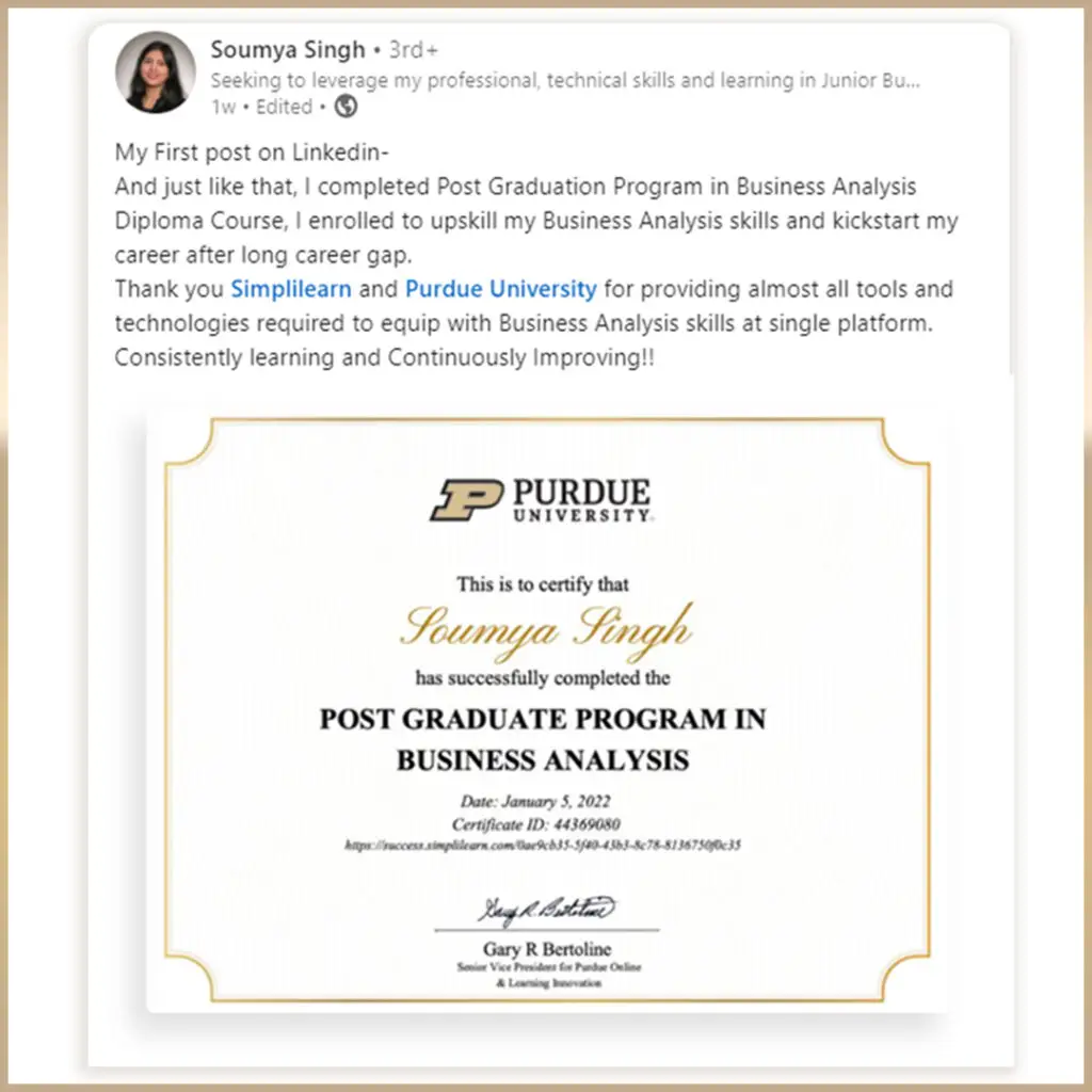 LinkedIn professional accomplishment post example