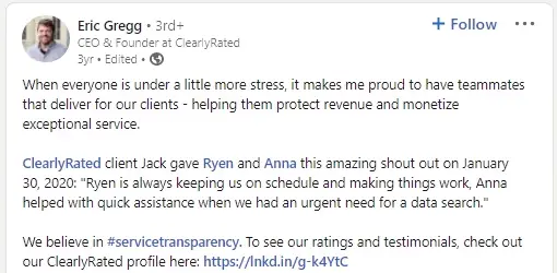 LinkedIn post sharing customer reviews and feedback