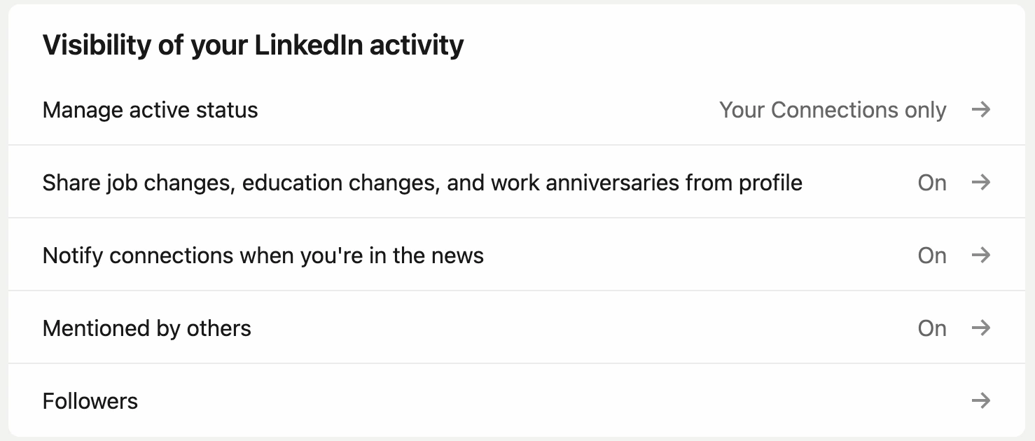 LinkedIn activity visibility settings showing options for connections and network