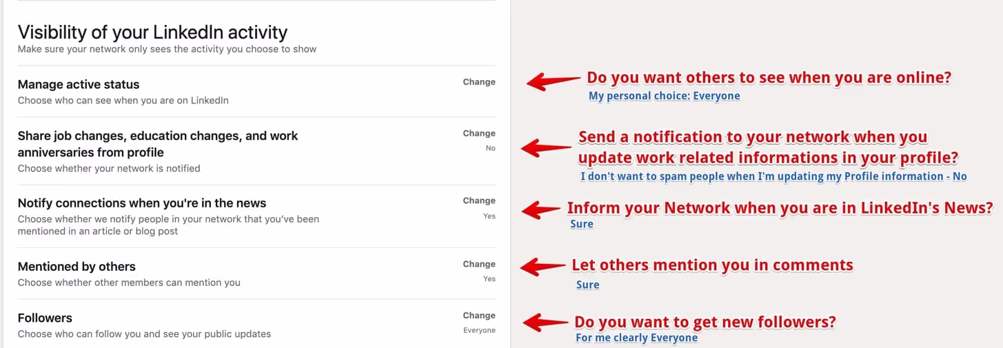 LinkedIn visibility settings for controlling what you share with your network