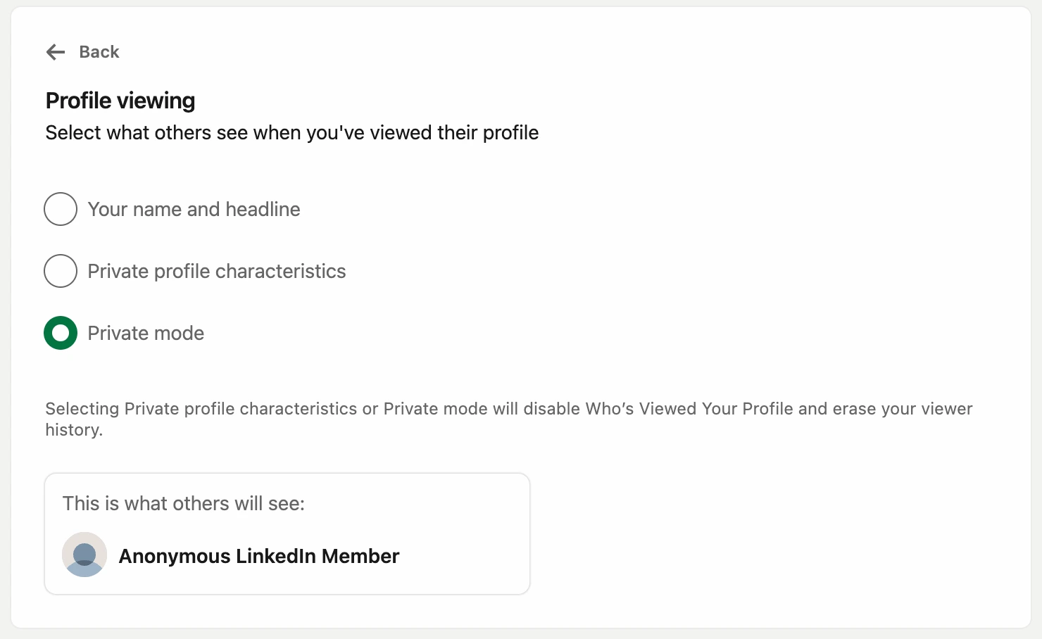 LinkedIn profile viewing options showing private mode selected