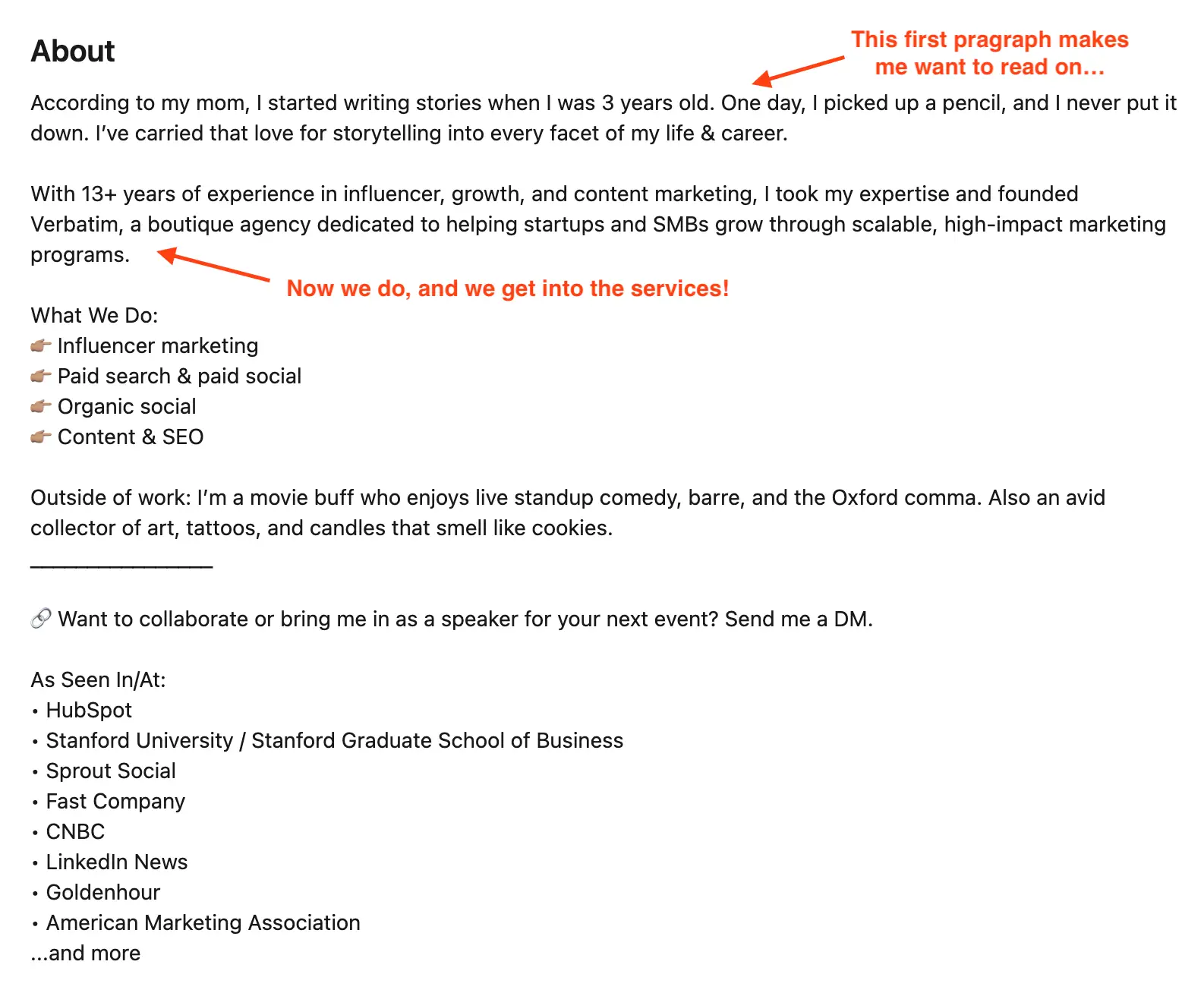 Brianna's LinkedIn headline using a cliffhanger to prompt See More clicks
