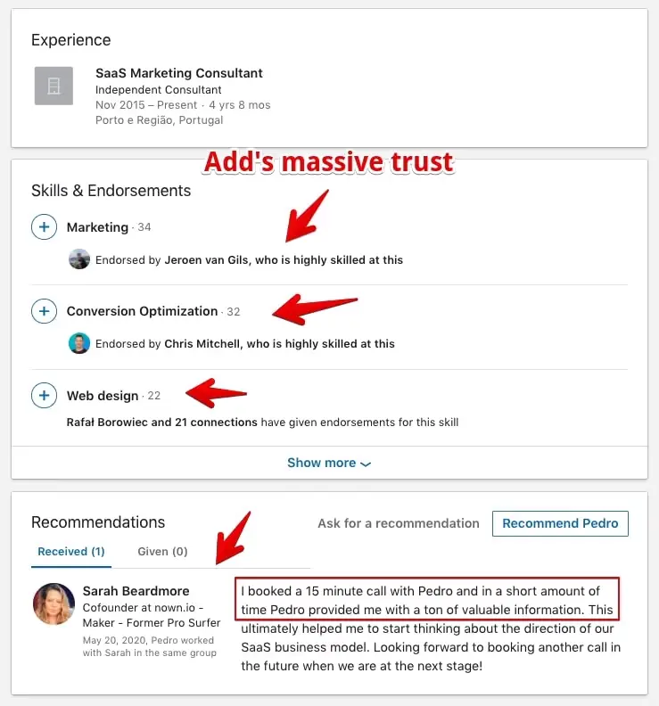 LinkedIn profile showing the experience, skill, and endorsement section