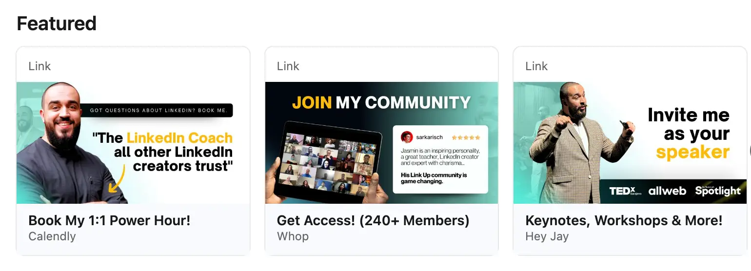 Jasmin Alic's LinkedIn featured section showcasing posts and offers