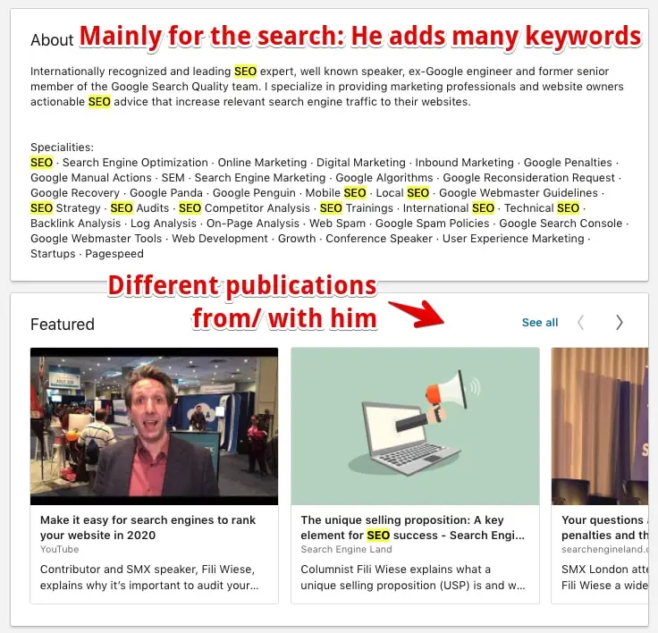 Fili's LinkedIn About section optimized for SEO keywords