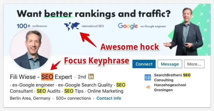 LinkedIn profile example of Fili, using keywords to optimize for search