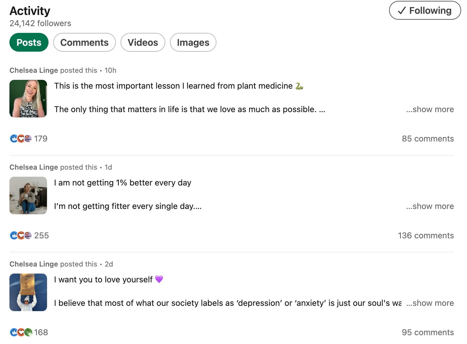 LinkedIn recent activity section showing consistent posting and engagement