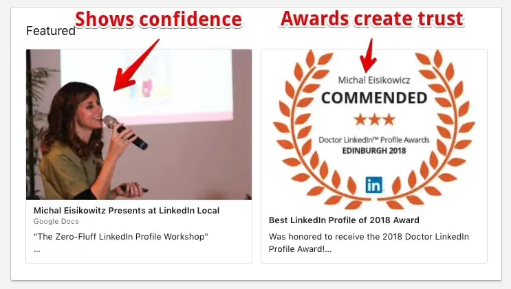 A good example of her featured section, showing her at a speaking engagement