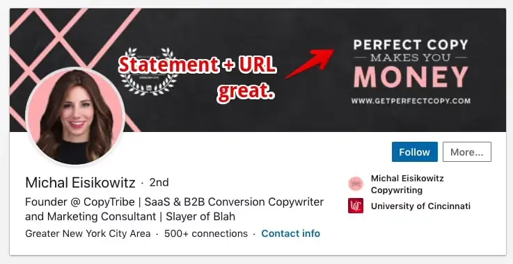 LinkedIn profile example of Michal with a good headline and banner call to action