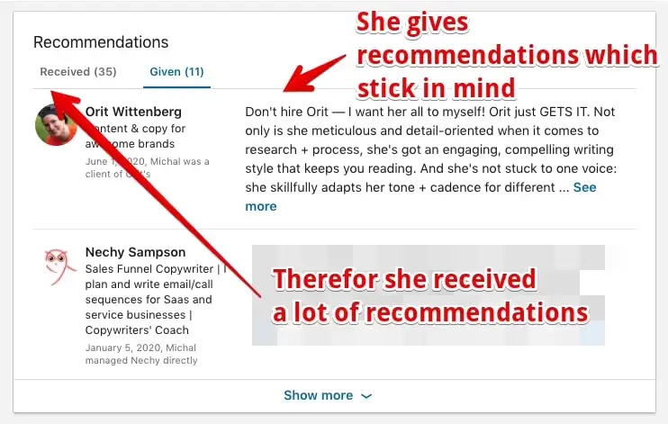 A great LinkedIn profile example of given and received recommendations