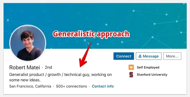 Robert's header shows he is a generalist LinkedIn profile example