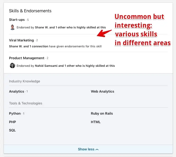 Robert's skills section showing various skills as a generalist