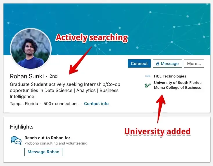 Rohan's LinkedIn profile header example for students