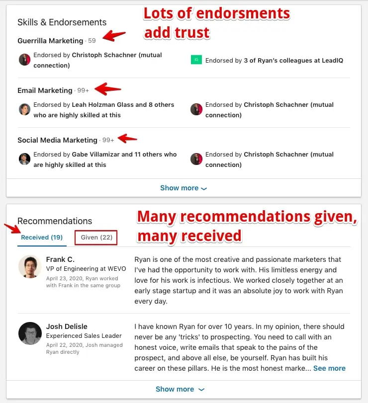 Ryan's LinkedIn profile details showing personal branding