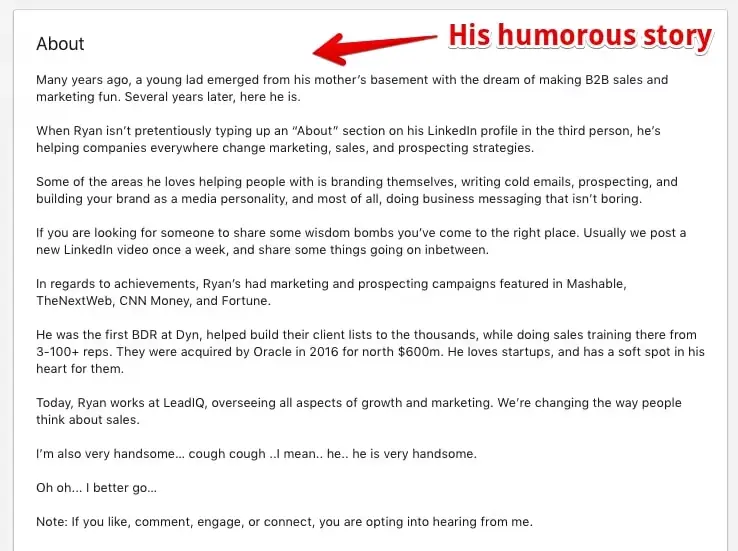 LinkedIn profile example with tips for marketing professionals