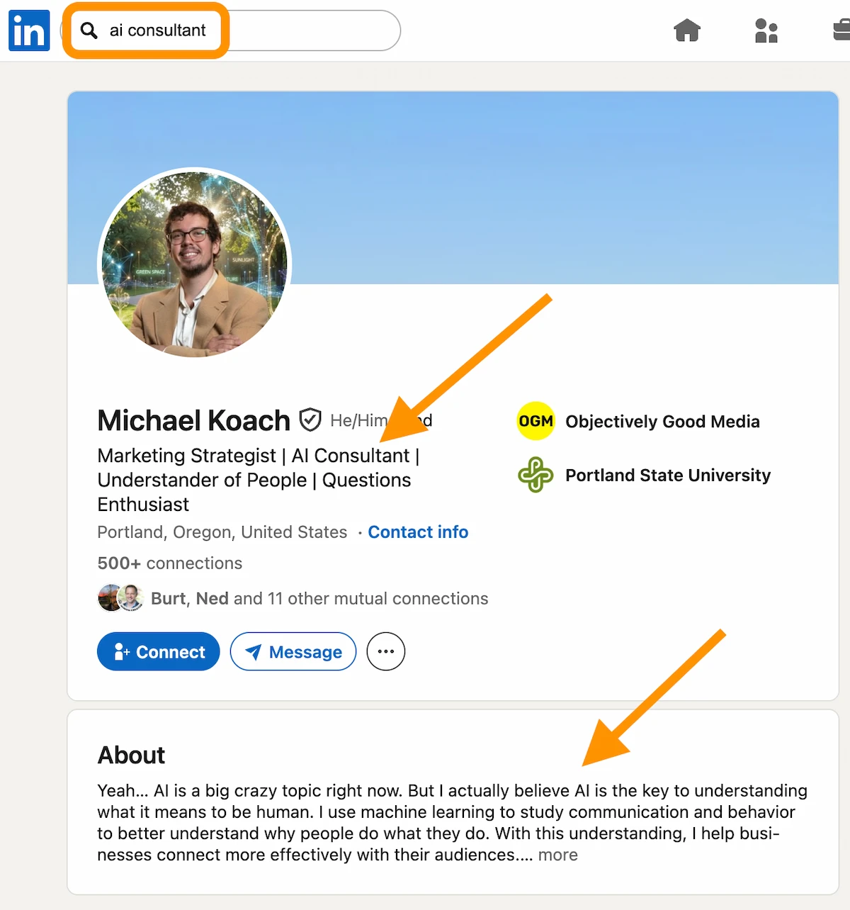 Optimized LinkedIn profile with over 62 keyword mentions