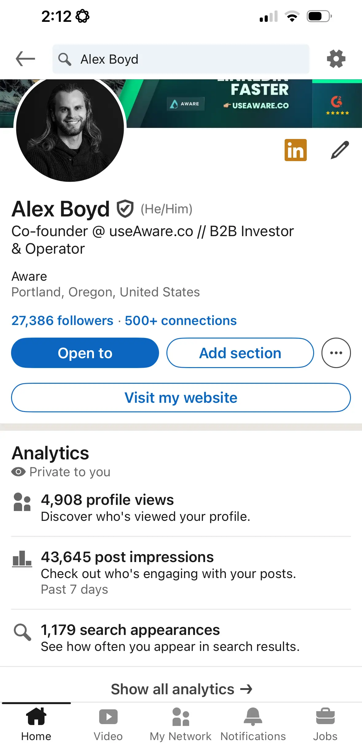 Finding your posts on LinkedIn mobile app via the profile analytics screen