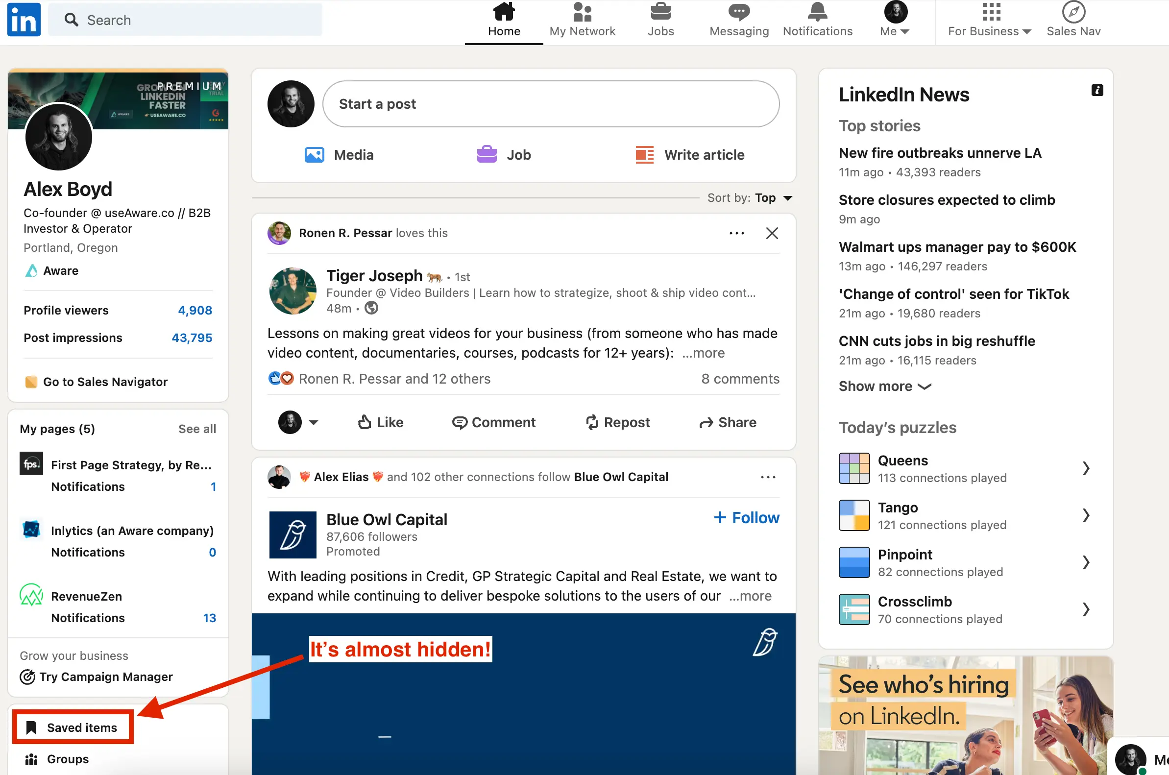 Finding saved items on LinkedIn desktop via the left feed sidebar
