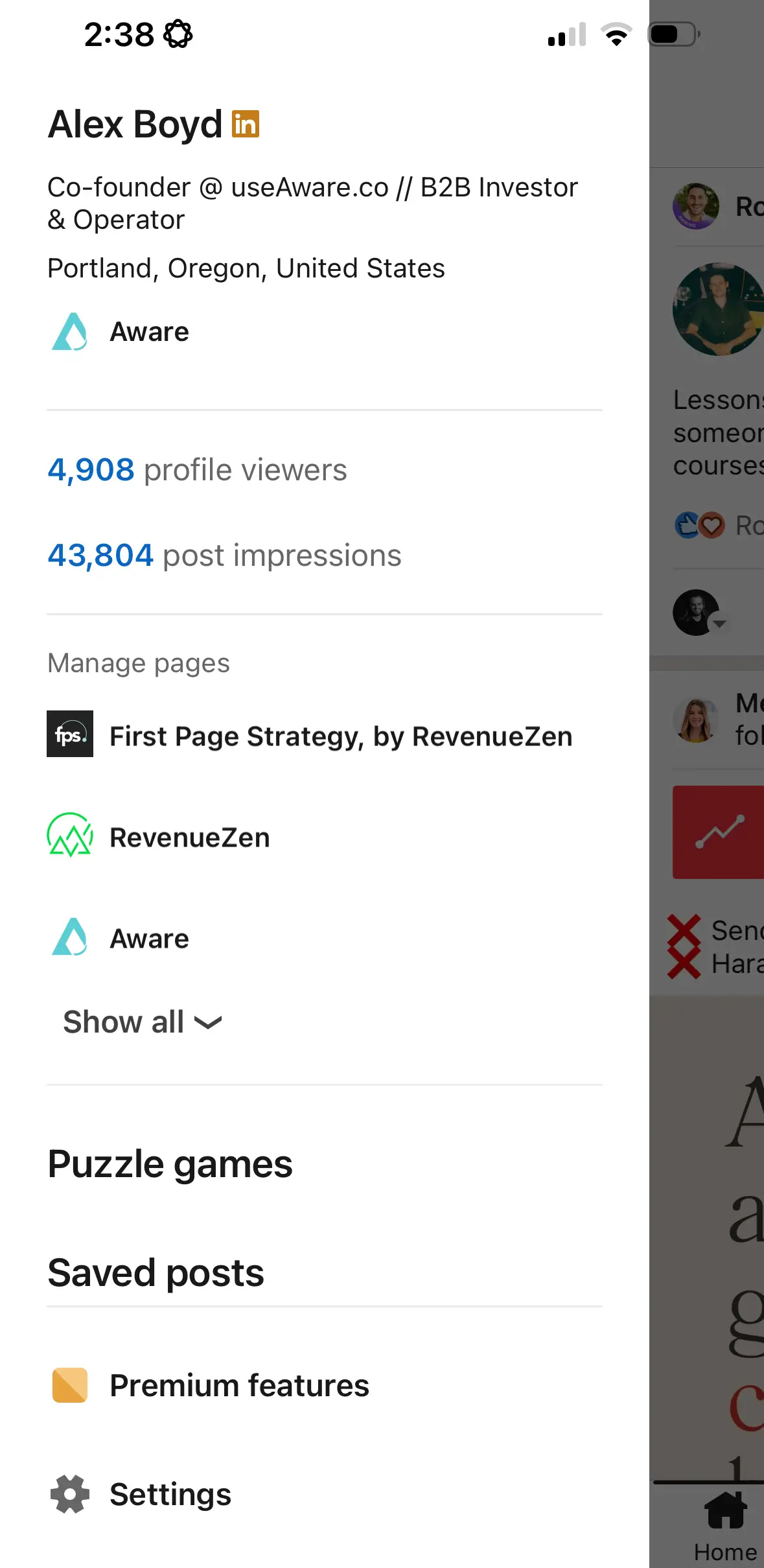 Finding saved items on LinkedIn mobile by tapping the profile picture to open the left sidebar